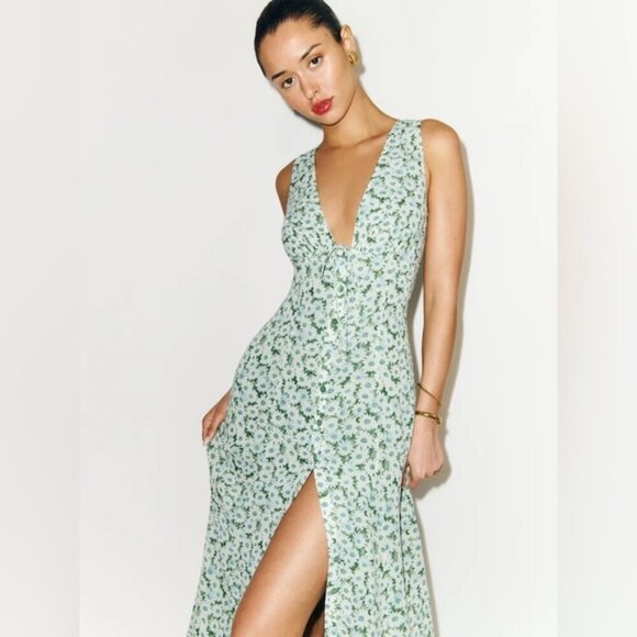 NEW Reformation Ceara Midi Dress Daisy Meadow Green Floral | US 0 UK 4 - Picture 3 of 16